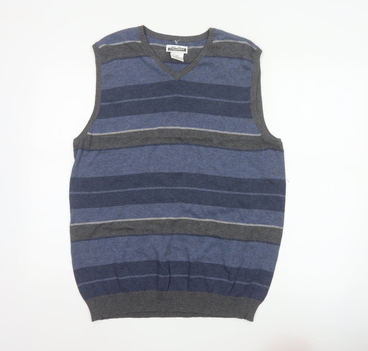 Midtown Men’s Blue Grey Striped V-Neck Cotton Knit Vest L