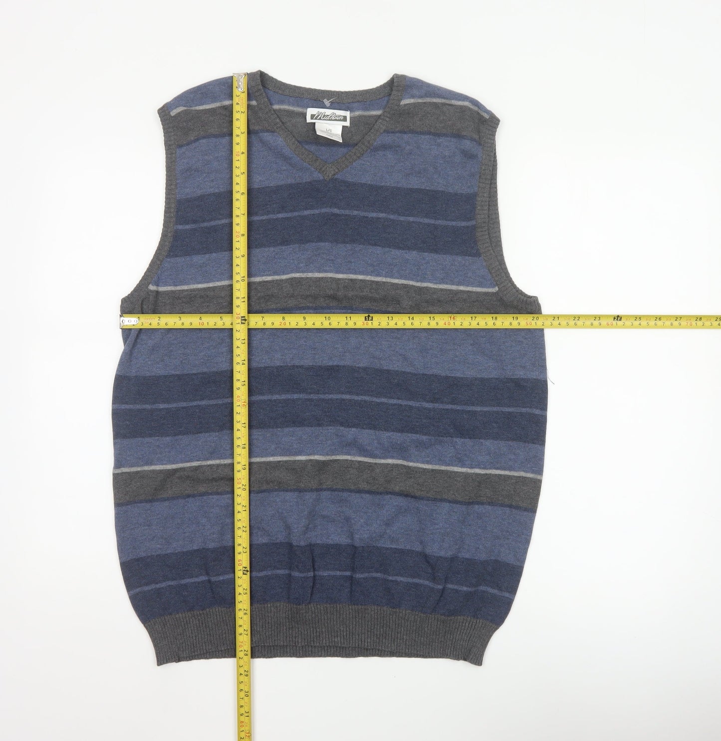 Midtown Men’s Blue Grey Striped V-Neck Cotton Knit Vest L