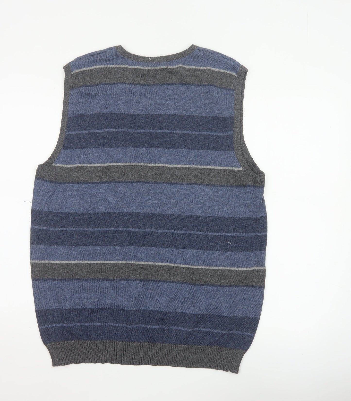 Midtown Men’s Blue Grey Striped V-Neck Cotton Knit Vest L