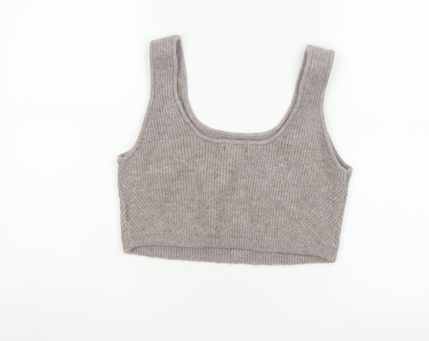 H&M Women Grey UK 14 Cropped Rib Knit Scoop Neck Tank Top