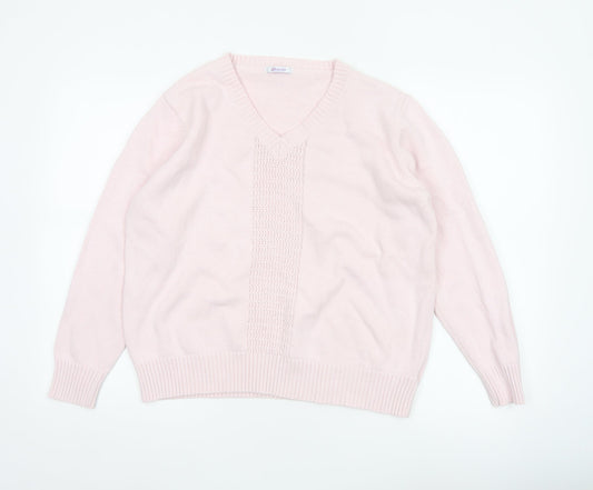 Damart Women Pink Cotton V-Neck Knit Pullover Jumper UK 20