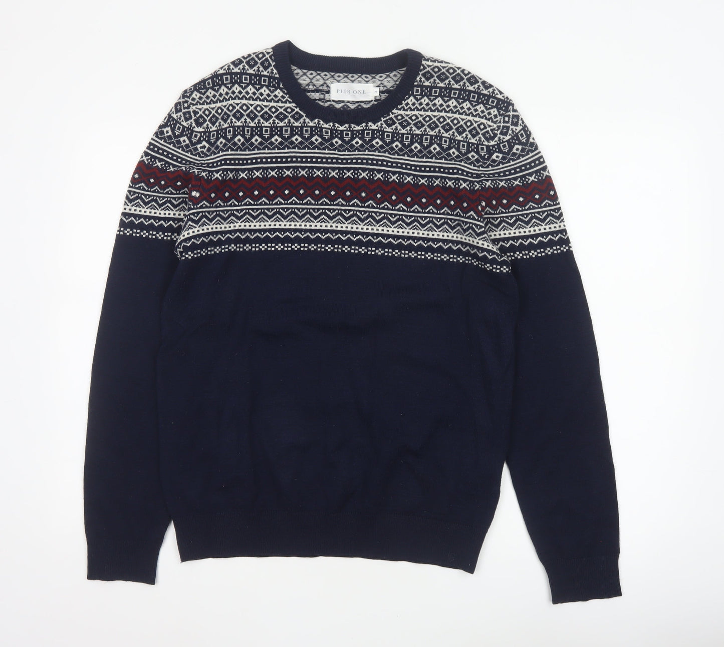 Pier One Men's Blue M Fair Isle Crew Neck Knit Pullover Jumper