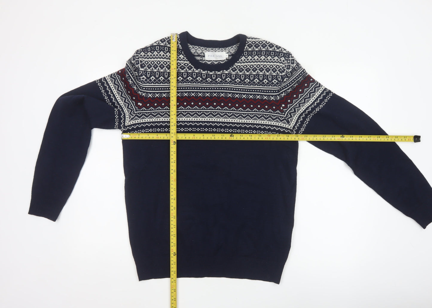 Pier One Men's Blue M Fair Isle Crew Neck Knit Pullover Jumper
