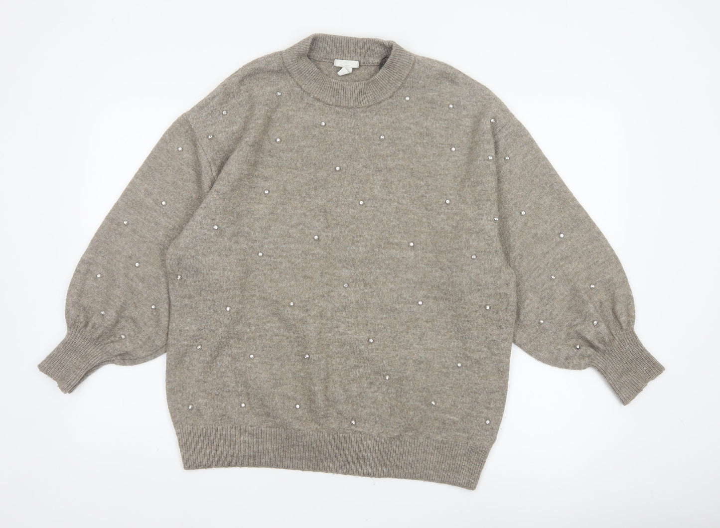 H&M Mama Women’s Grey M Pearl Embellished Mock Neck Knit Jumper