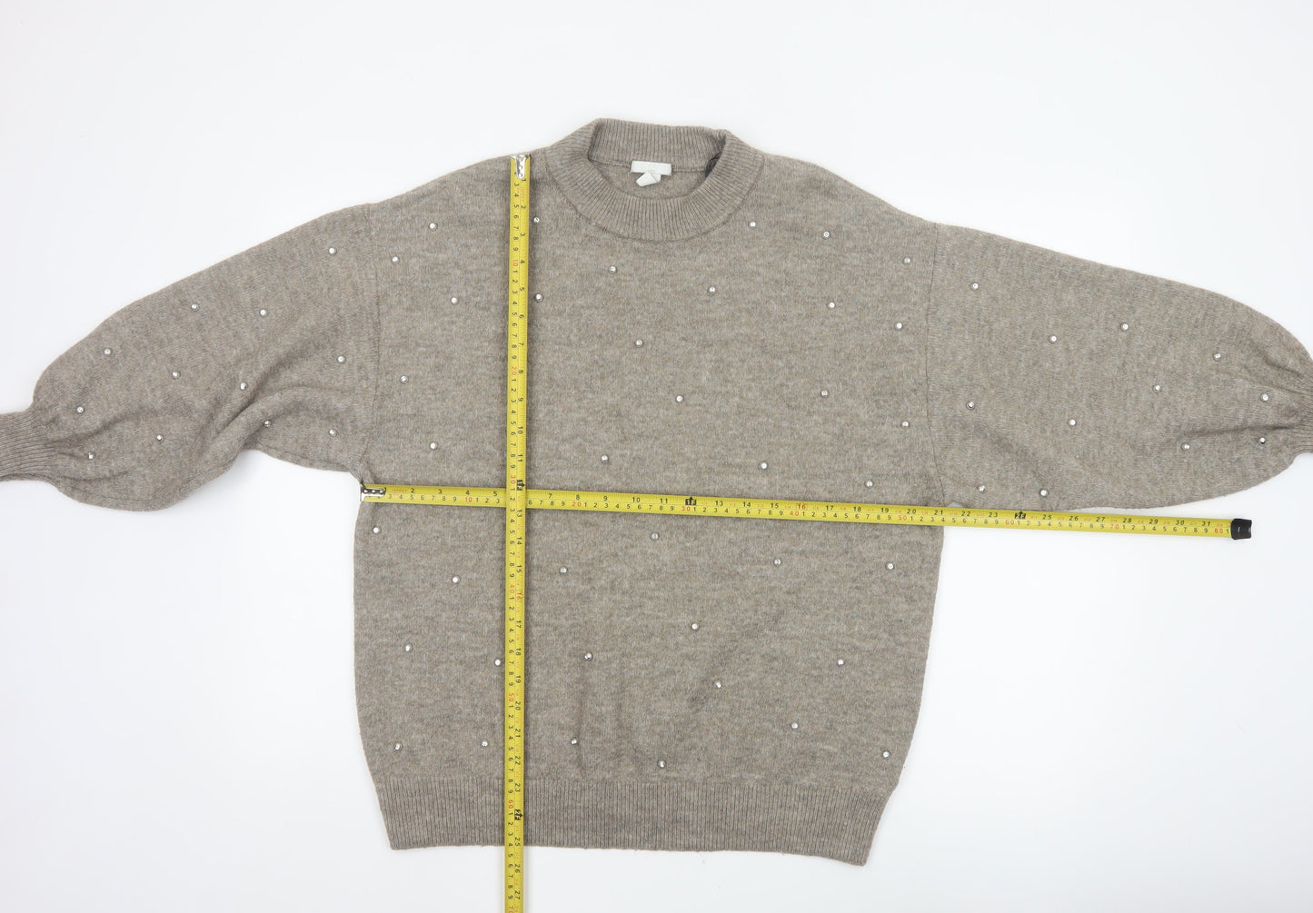 H&M Mama Women’s Grey M Pearl Embellished Mock Neck Knit Jumper
