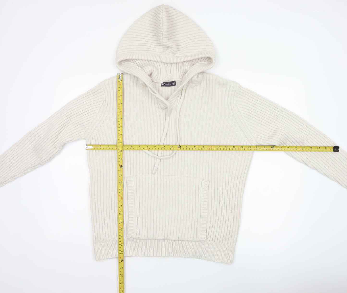 M&S Collection Women Ivory L Rib Knit Hooded Pullover Jumper
