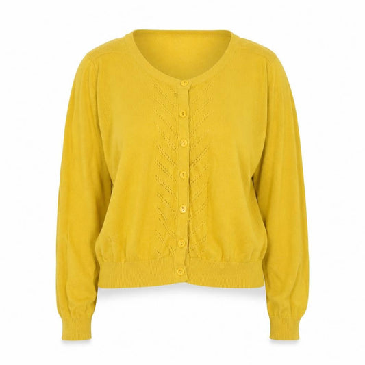 Ally Women’s Yellow Cotton V-Neck Button Open-Knit Cardigan UK 14