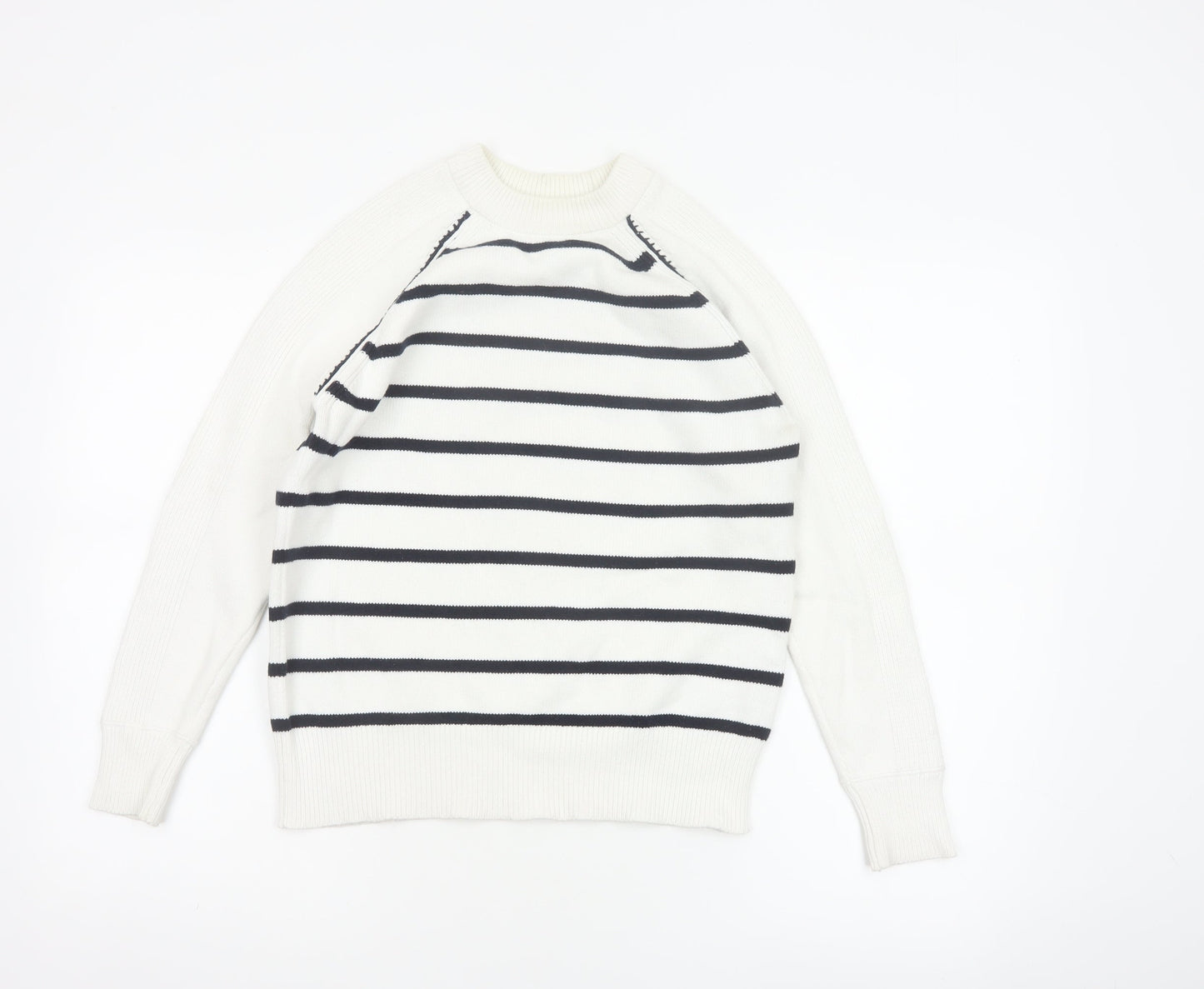 Marks & Spencer Women White XS Striped Crew Neck Knit Pullover Jumper