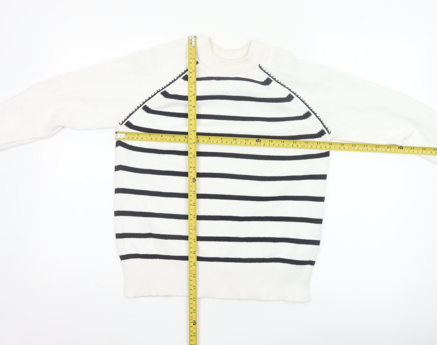 Marks & Spencer Women White XS Striped Crew Neck Knit Pullover Jumper