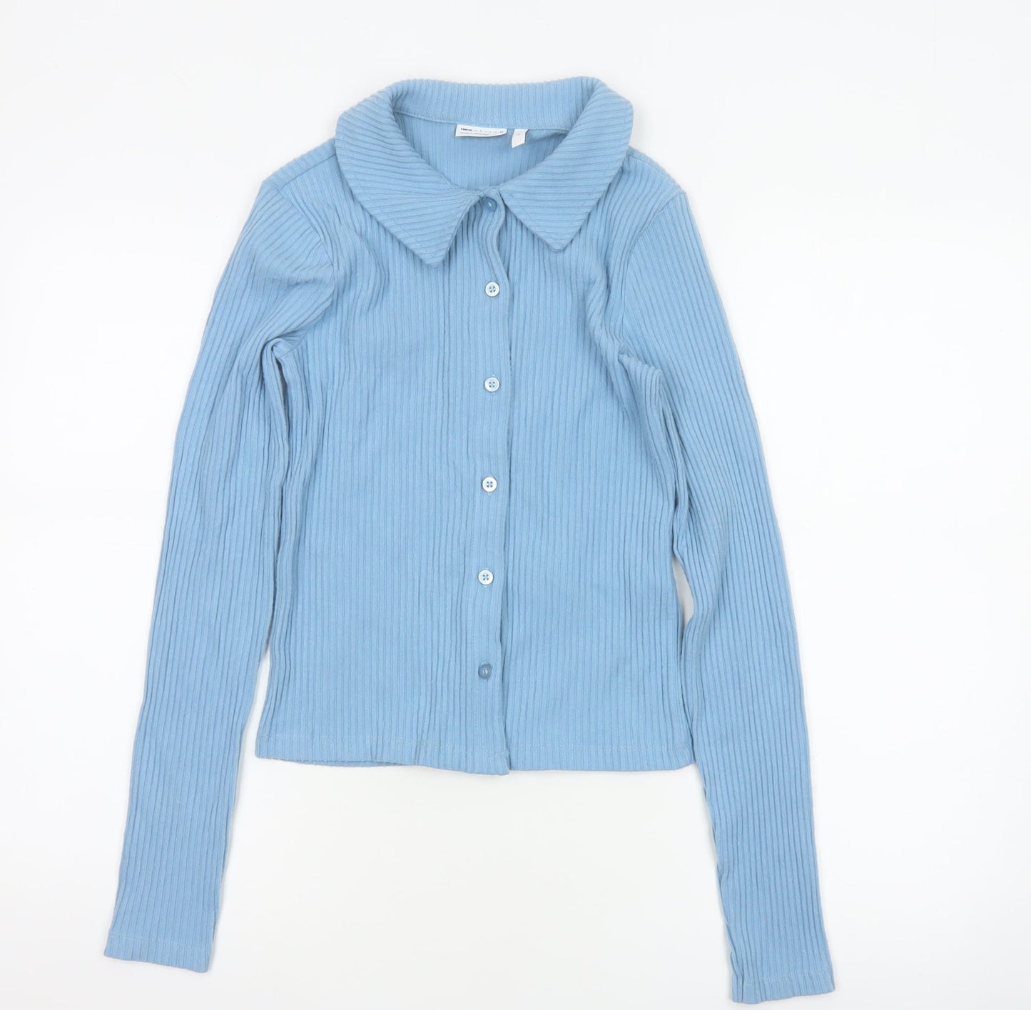 ASOS Design Women Blue S Ribbed Collared Button-Up Long Sleeve Top