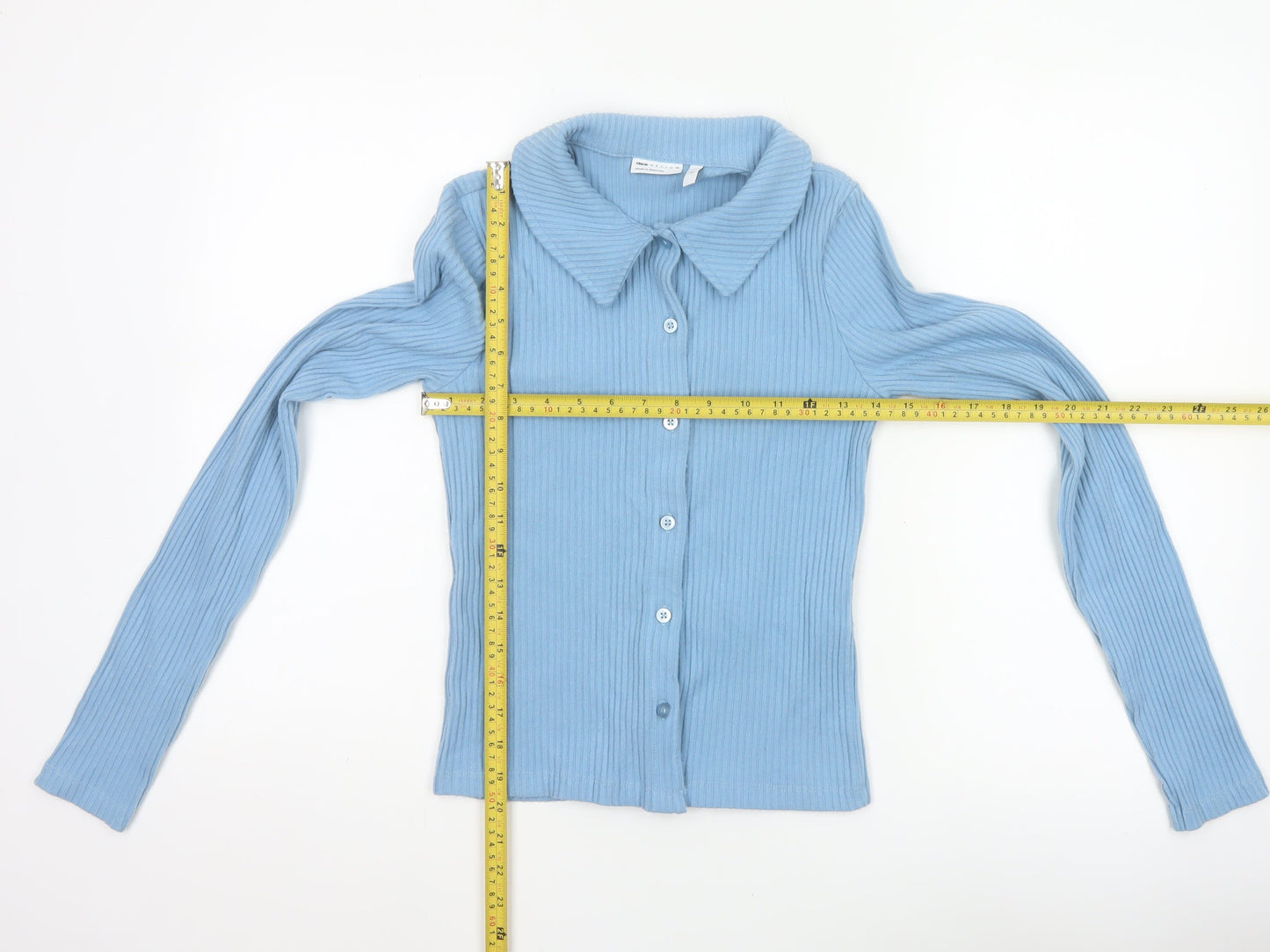 ASOS Design Women Blue S Ribbed Collared Button-Up Long Sleeve Top