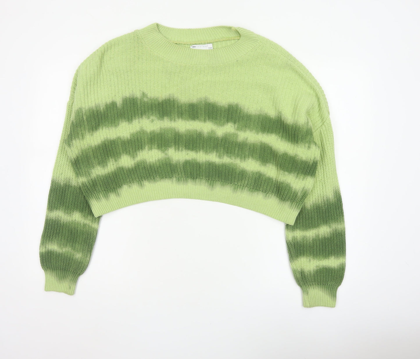ASOS Design Women Green Striped Knit Jumper UK 14 Crew Neck Cropped