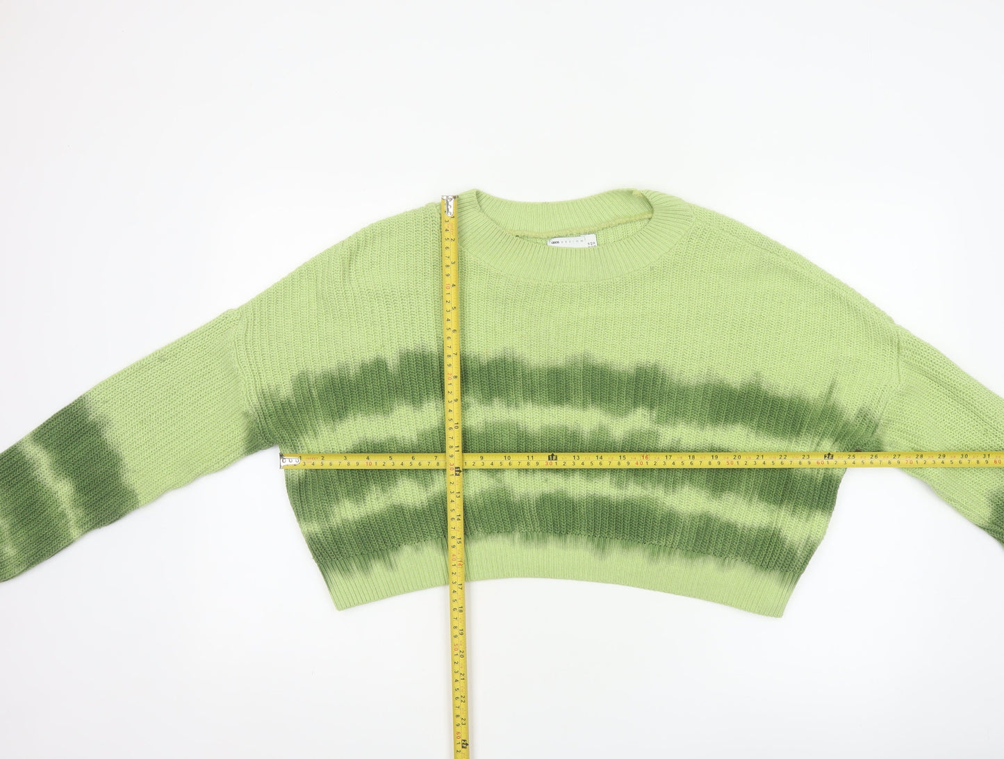 ASOS Design Women Green Striped Knit Jumper UK 14 Crew Neck Cropped