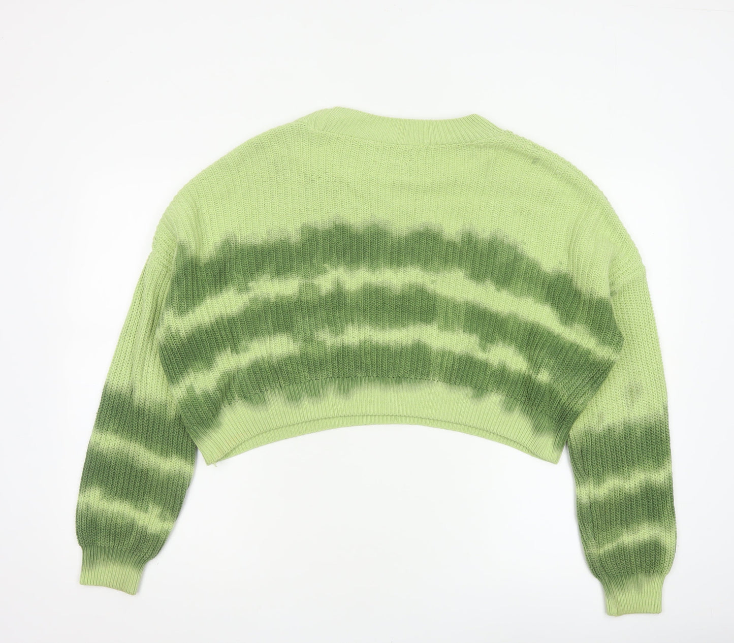 ASOS Design Women Green Striped Knit Jumper UK 14 Crew Neck Cropped