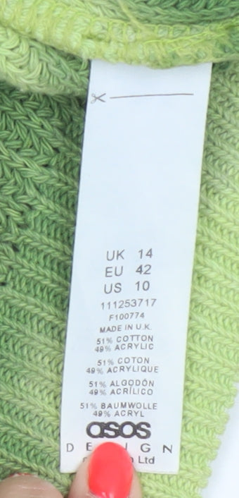 ASOS Design Women Green Striped Knit Jumper UK 14 Crew Neck Cropped