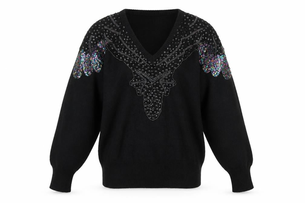 Lady Joyce Women’s Black 38 Vintage Sequin Butterfly V-Neck Jumper