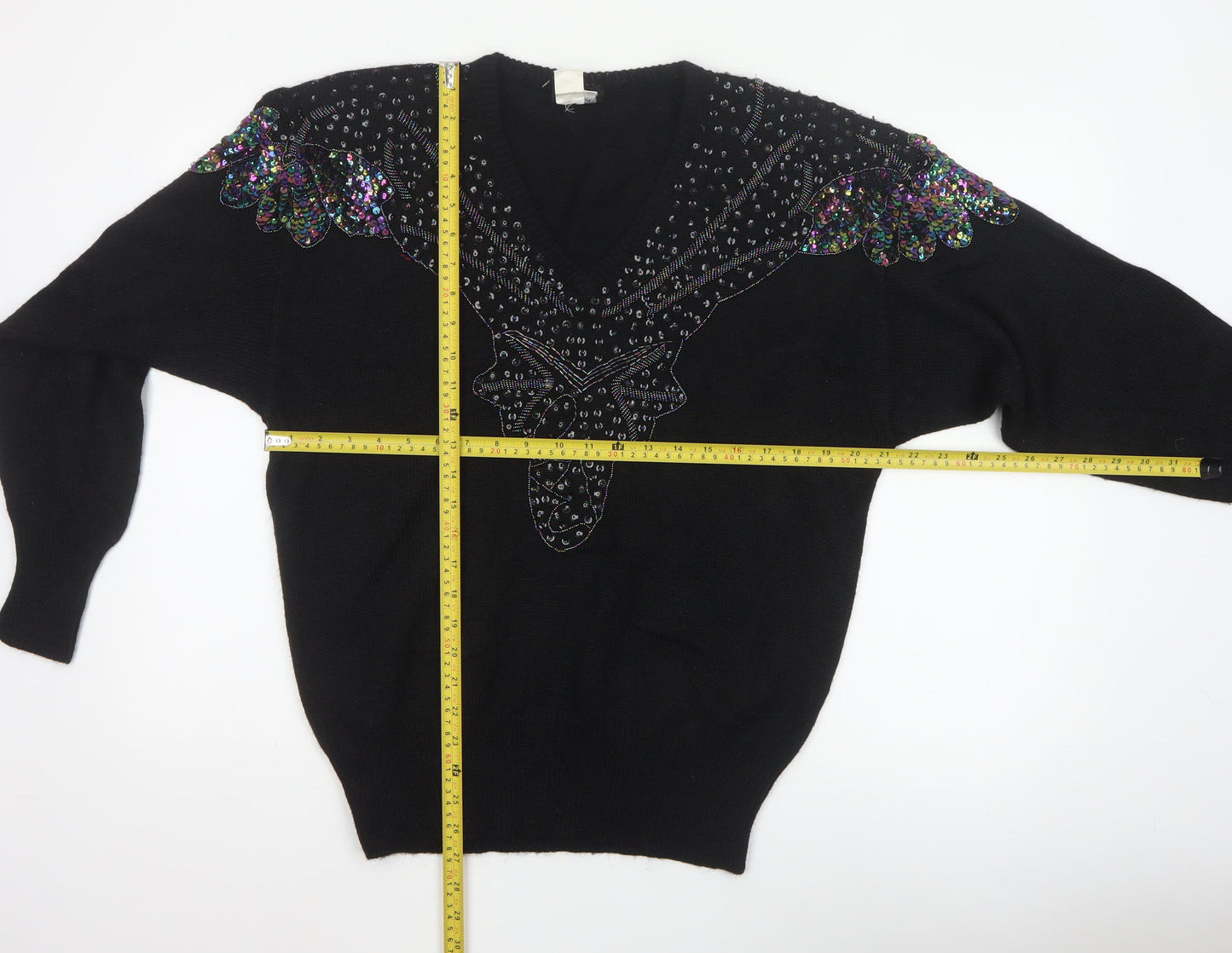 Lady Joyce Women’s Black 38 Vintage Sequin Butterfly V-Neck Jumper