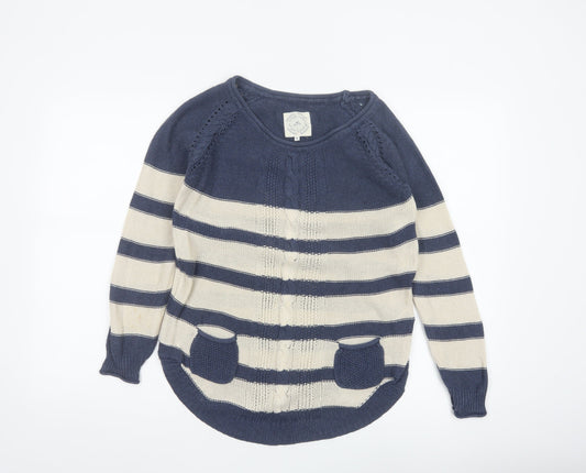 Mantaray Women’s Blue Ivory Stripe Cable Knit Pocket Jumper UK 8 Cotton