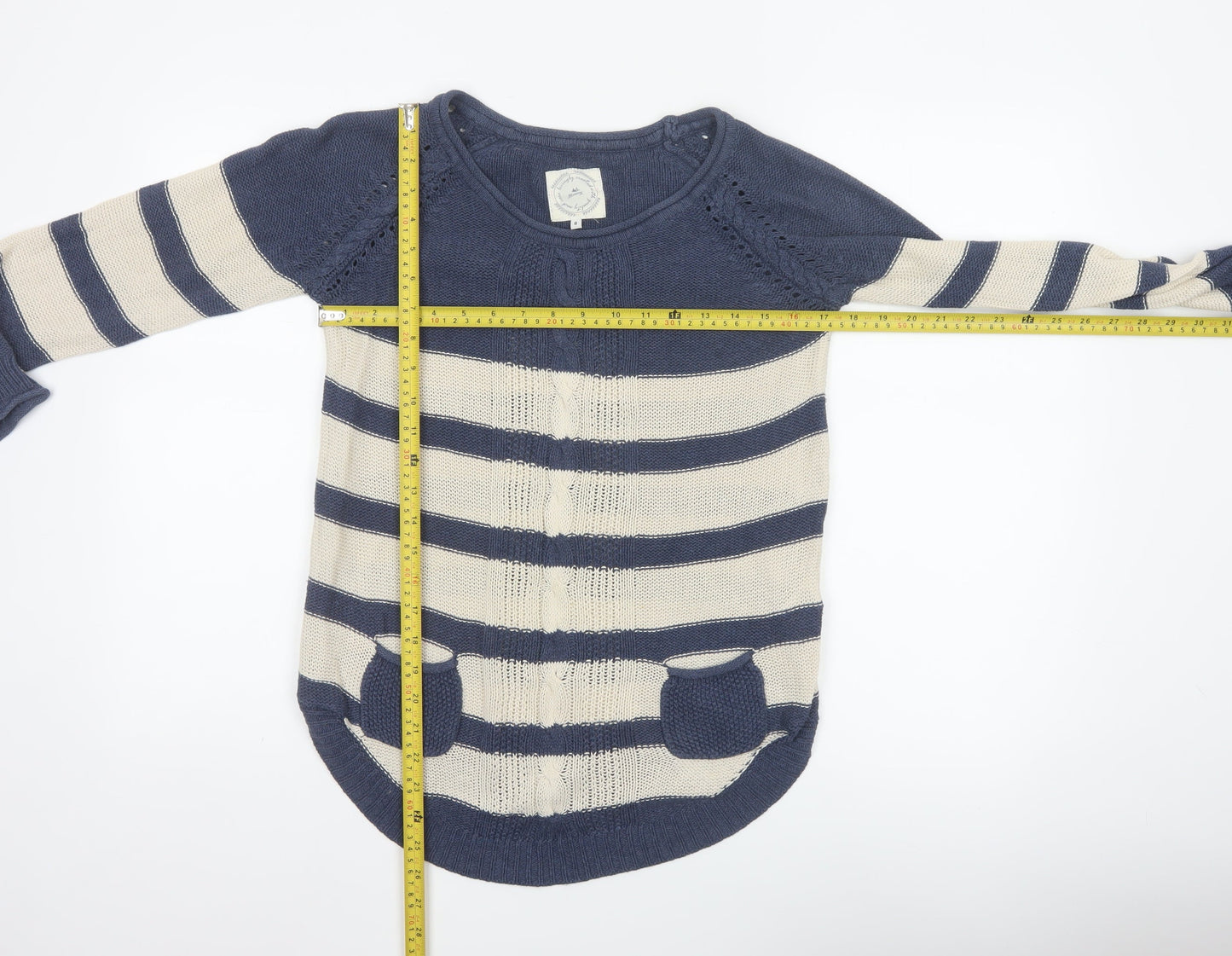 Mantaray Women’s Blue Ivory Stripe Cable Knit Pocket Jumper UK 8 Cotton