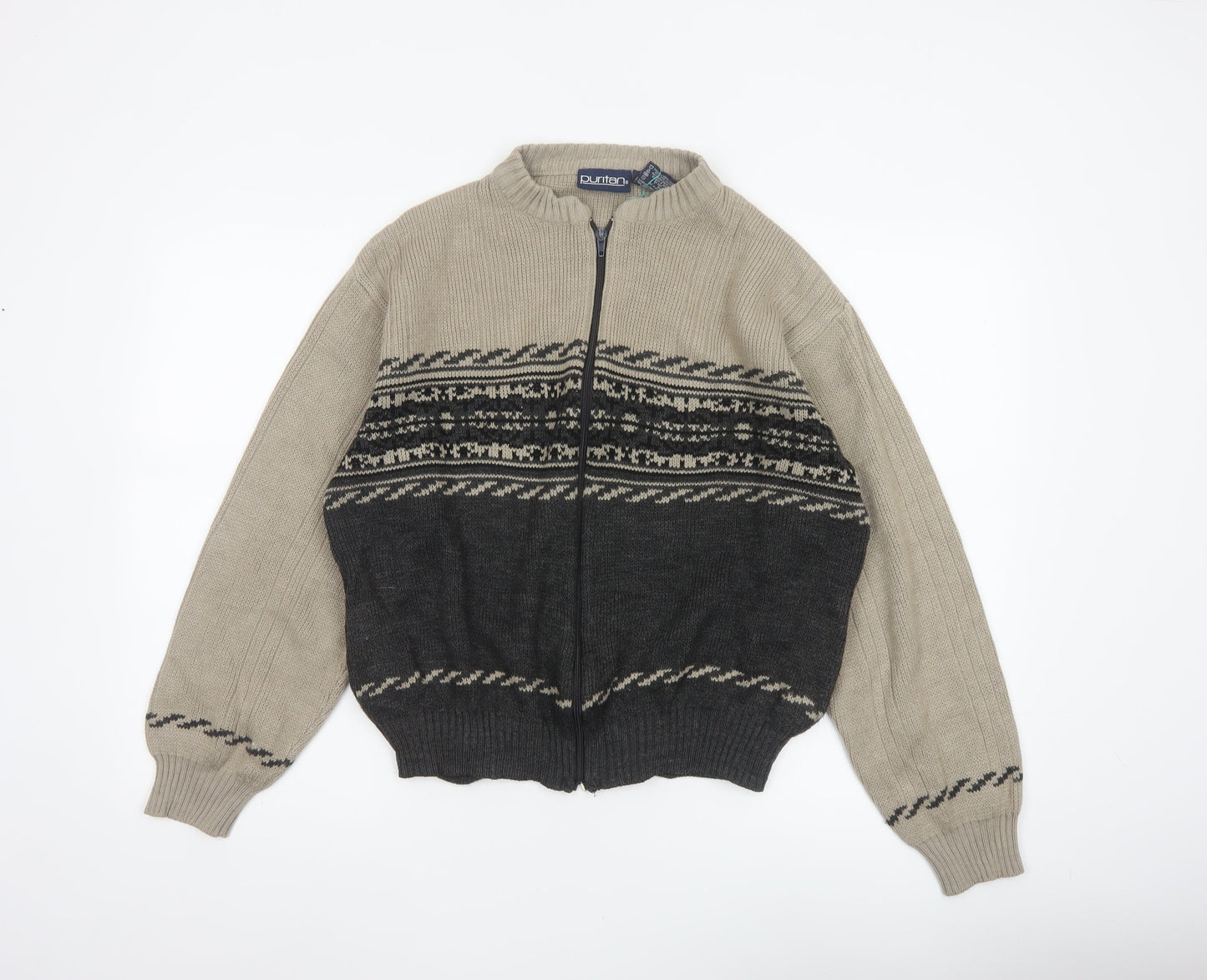 Puritan Men's Beige Black S Fair Isle Full Zip Knit Jumper