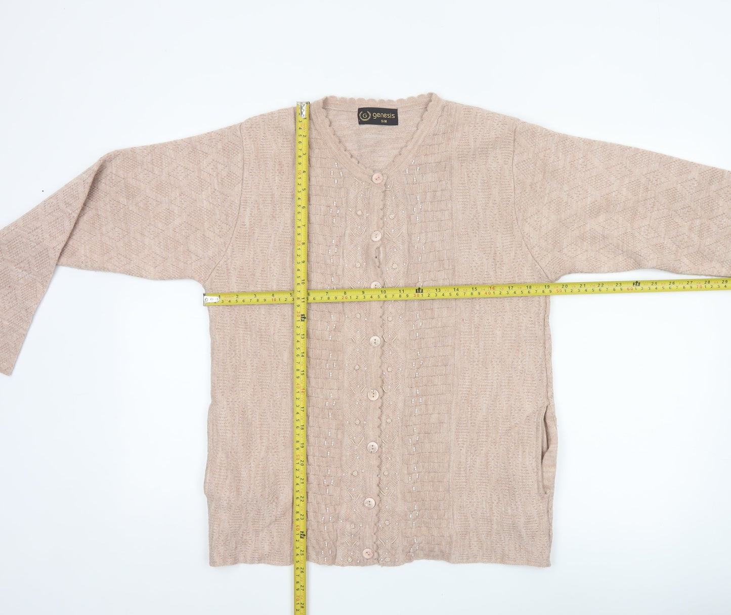Genesis Women Beige M Embellished V-Neck Button Knit Cardigan