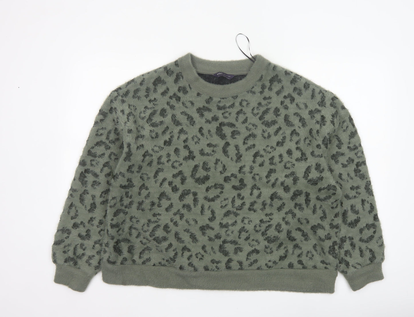 M&S Women’s Khaki Leopard Print Fuzzy Knit Jumper UK 16 Crew Neck