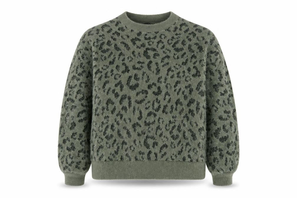 Marks & Spencer Women’s Khaki Leopard Print Fuzzy Knit Jumper UK 16 Crew Neck