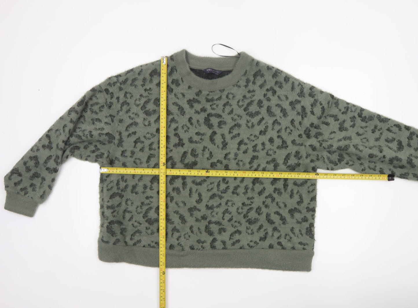 M&S Women’s Khaki Leopard Print Fuzzy Knit Jumper UK 16 Crew Neck
