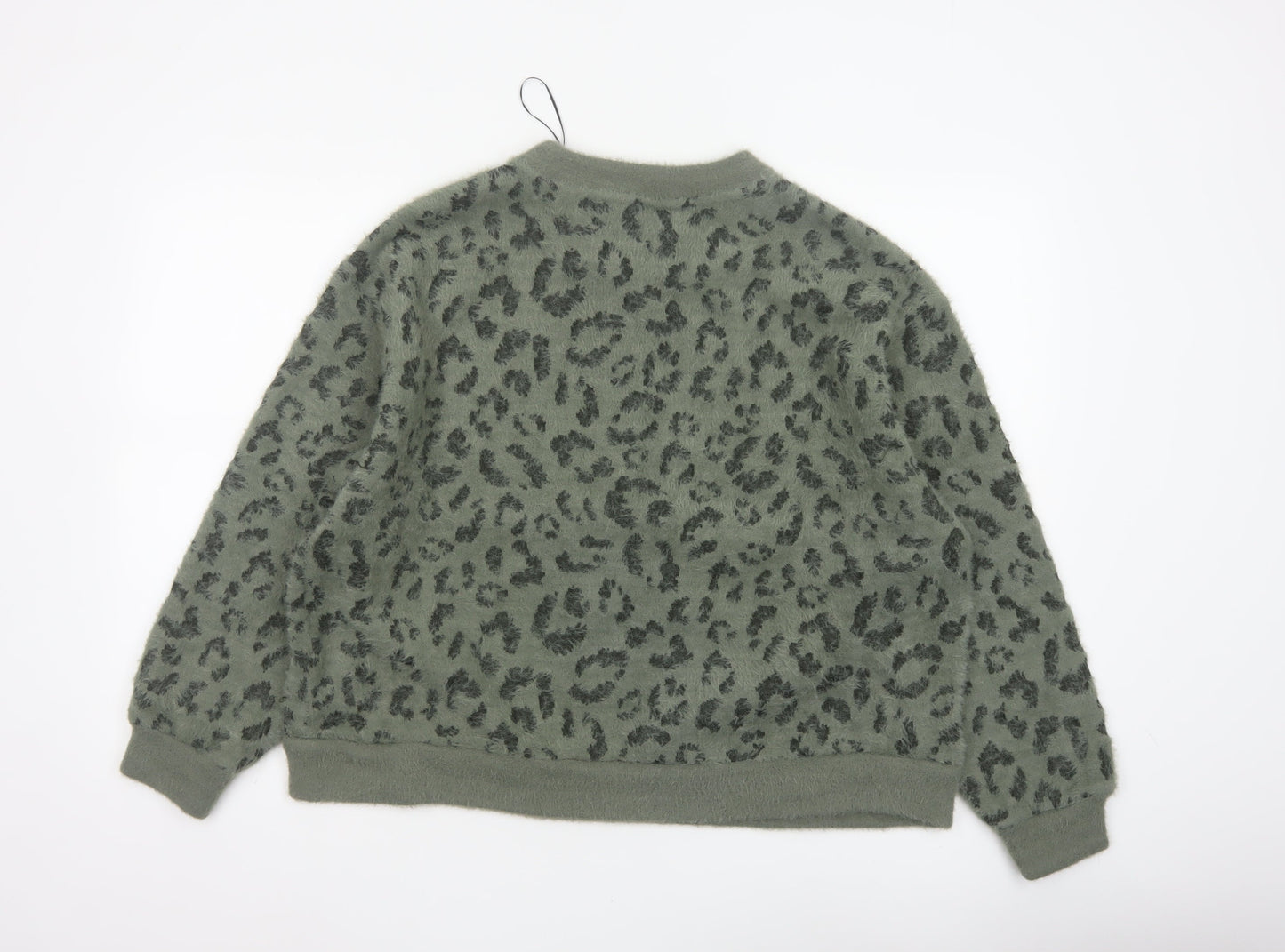 M&S Women’s Khaki Leopard Print Fuzzy Knit Jumper UK 16 Crew Neck