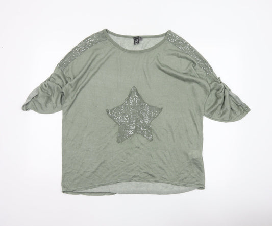 Izabel Women Grey Size 10 Star Sequin Jersey Balloon Sleeve T-Shirt
