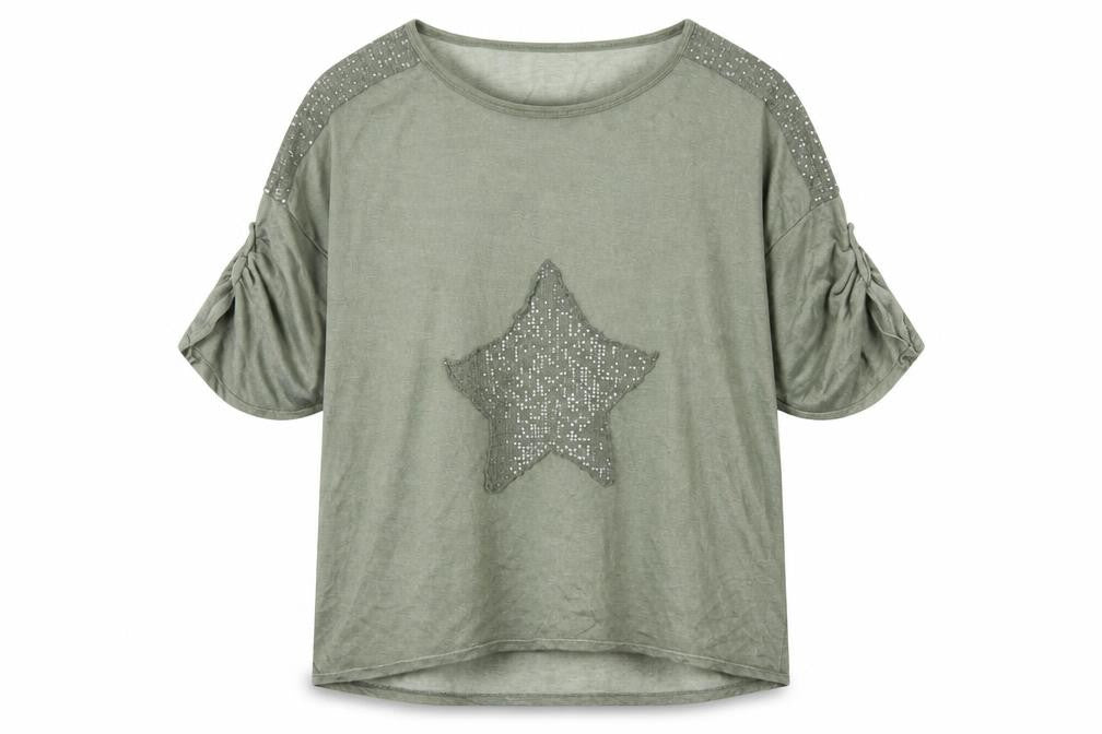 Izabel Women Grey Size 10 Star Sequin Jersey Balloon Sleeve T-Shirt