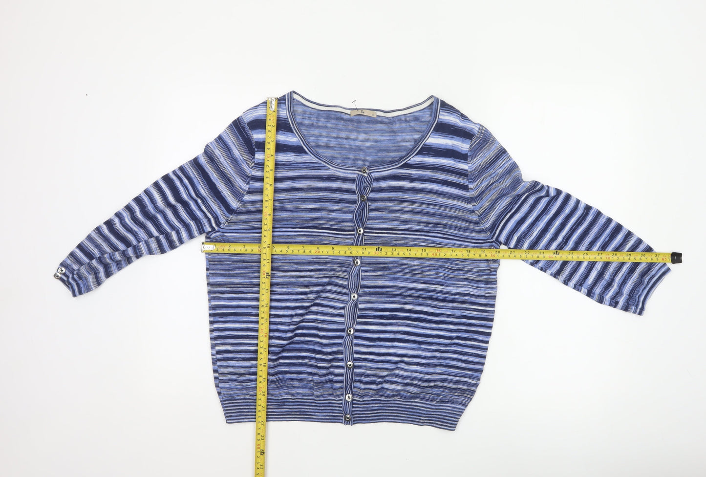 TU Women's Blue Striped Button Cardigan Size 16 Long Sleeve Knit