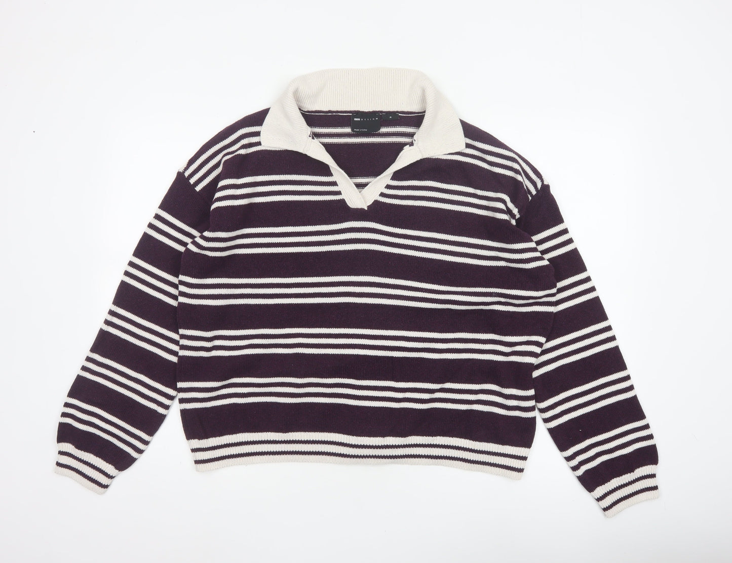 ASOS Design Women Purple Ivory Striped Collared Knit Jumper UK 12-14 M