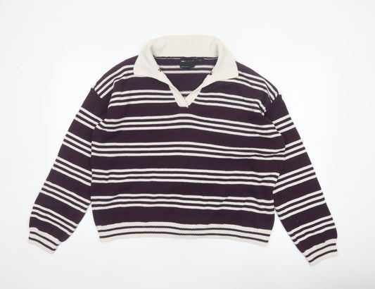 ASOS Design Women Purple Ivory Striped Collared Knit Jumper UK 12-14 M
