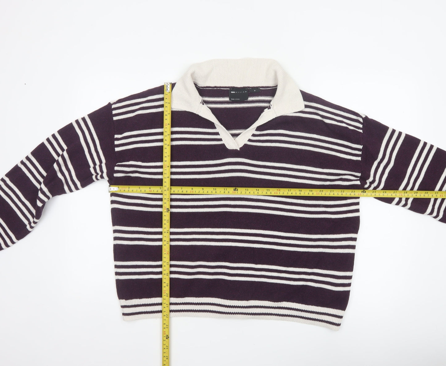 ASOS Design Women Purple Ivory Striped Collared Knit Jumper UK 12-14 M