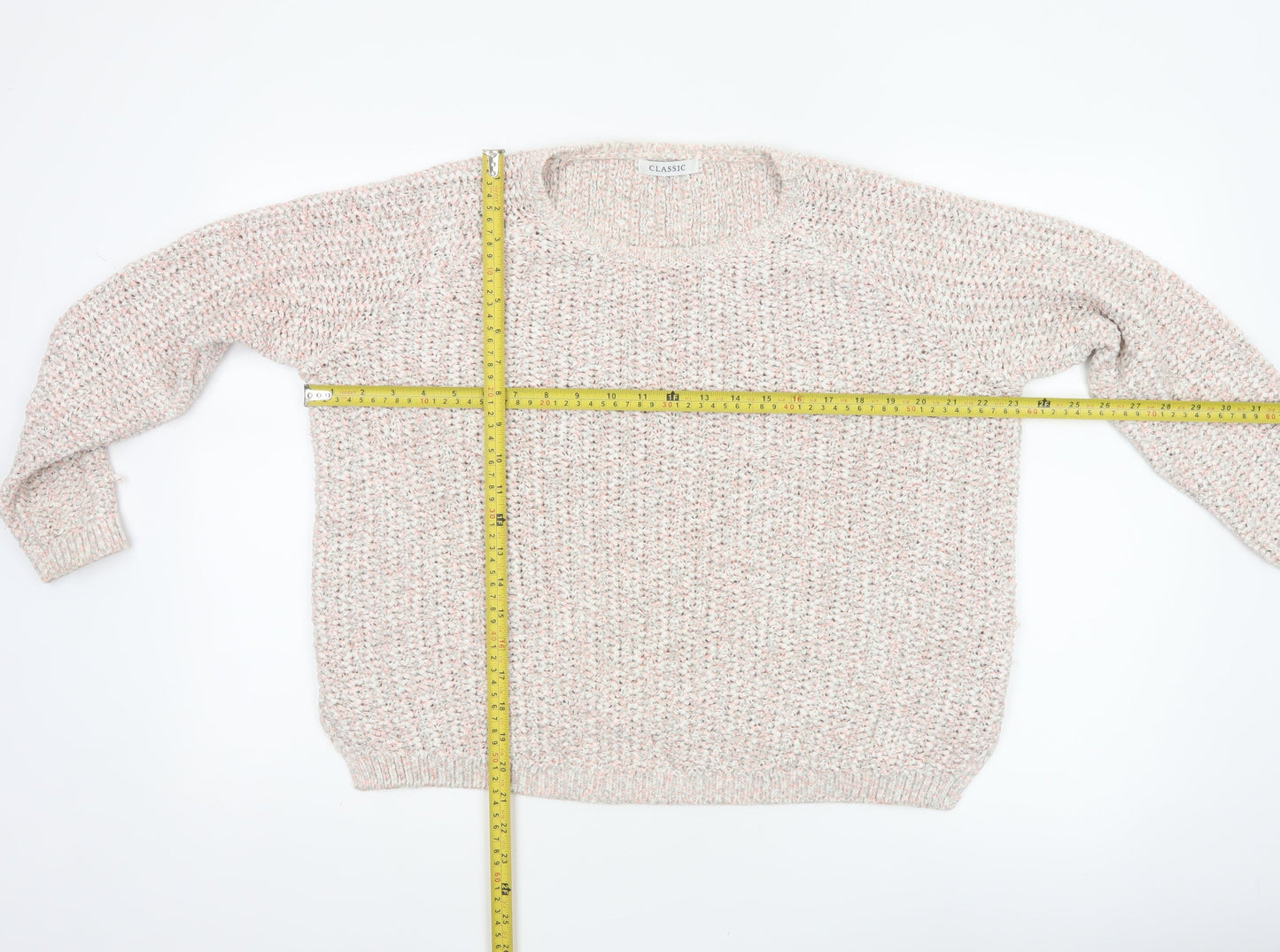 Marks & Spencer Women Ivory Pink Glitter Chunky Knit V-Neck Jumper UK 16