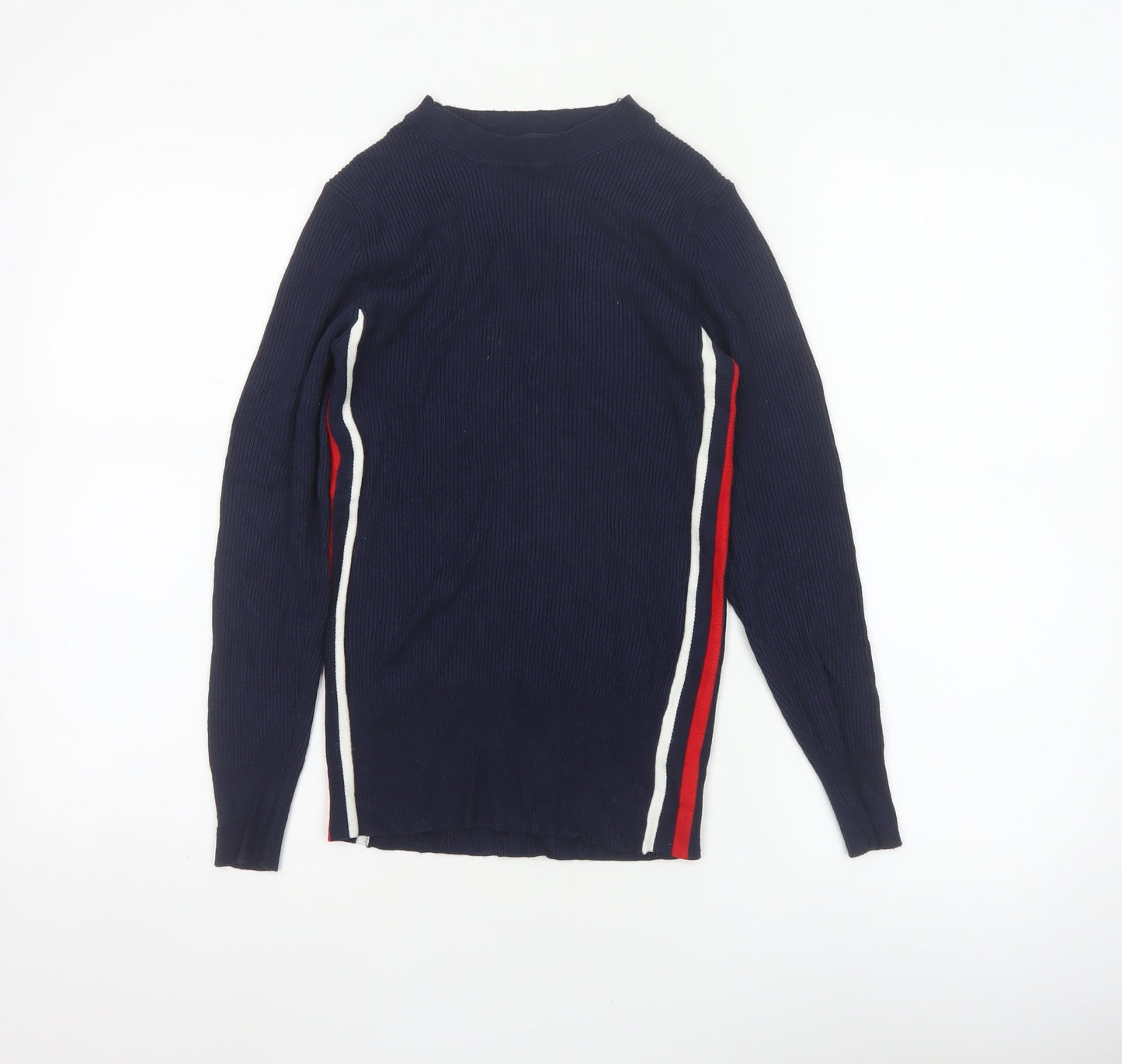 Marks and Spencer Women Blue UK 10 Ribbed Striped Mock Neck Jumper