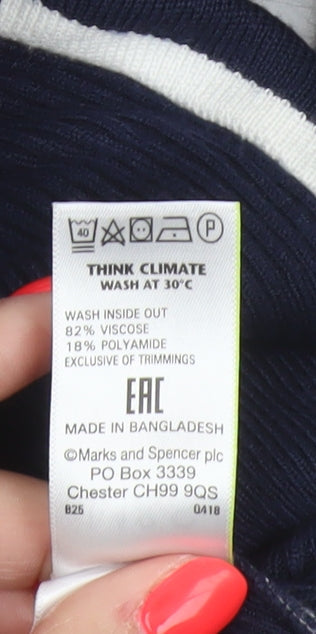 Marks and Spencer Women Blue UK 10 Ribbed Striped Mock Neck Jumper