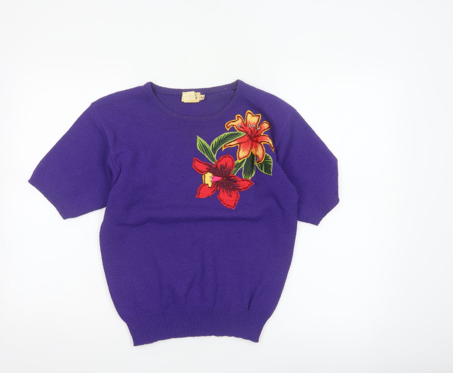 TanFay Women’s Purple Floral Beaded Short Sleeve Knit Jumper Size S