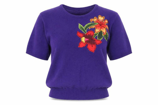 TanFay Women’s Purple Floral Beaded Short Sleeve Knit Jumper Size S