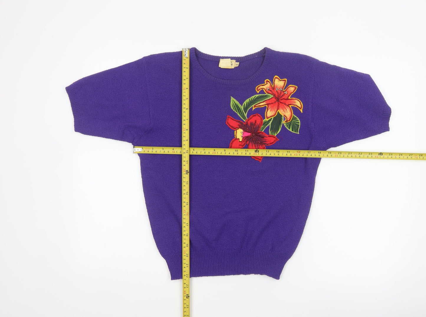 TanFay Women’s Purple Floral Beaded Short Sleeve Knit Jumper Size S