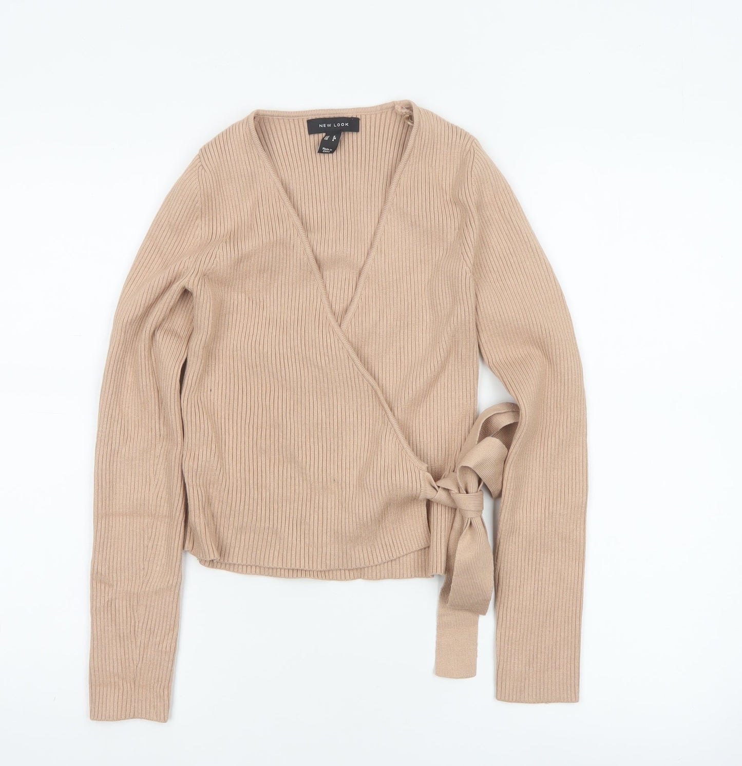 New Look Women’s Beige UK 8 Rib Knit V-Neck Wrap Jumper Belted