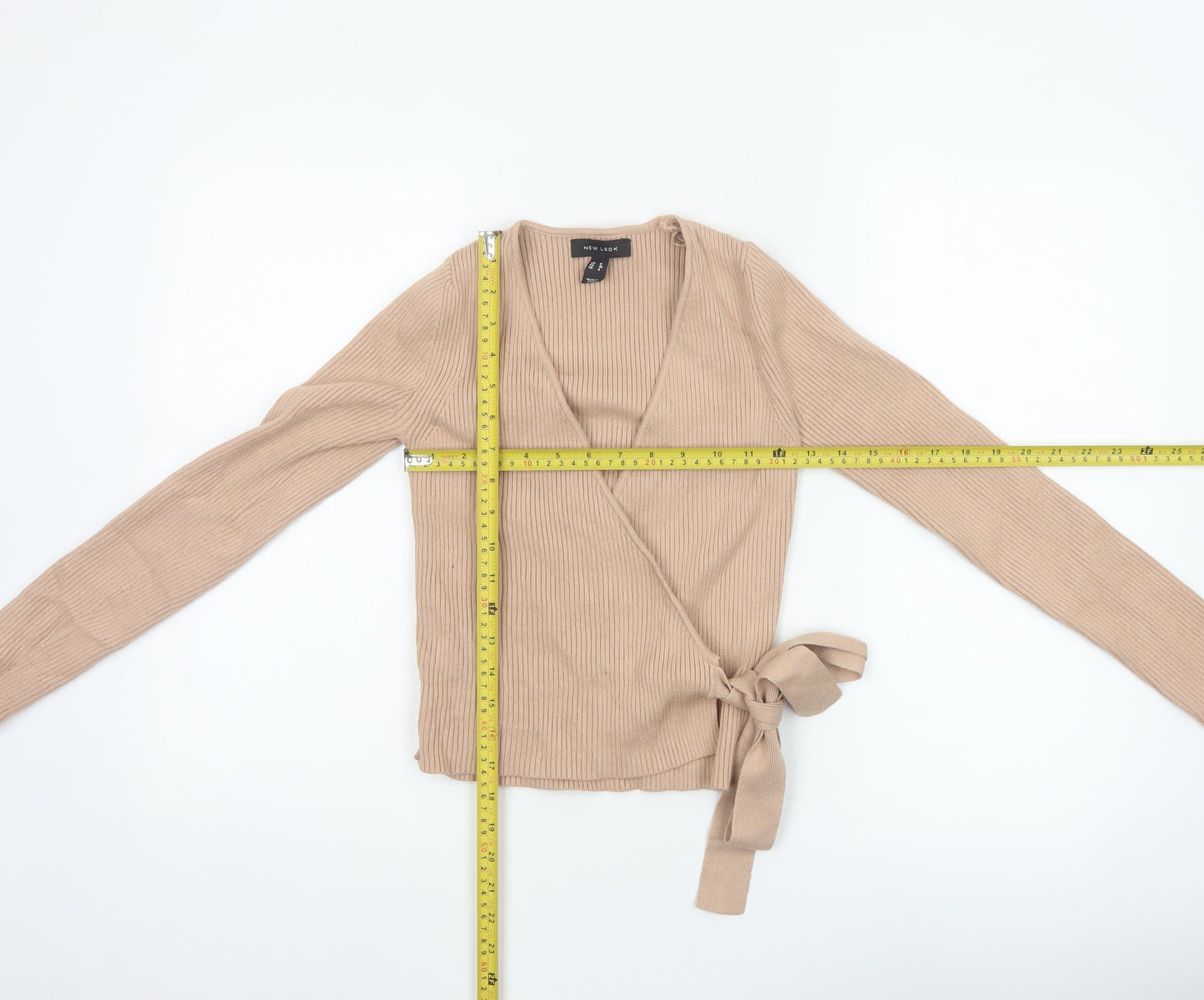 New Look Women’s Beige UK 8 Rib Knit V-Neck Wrap Jumper Belted