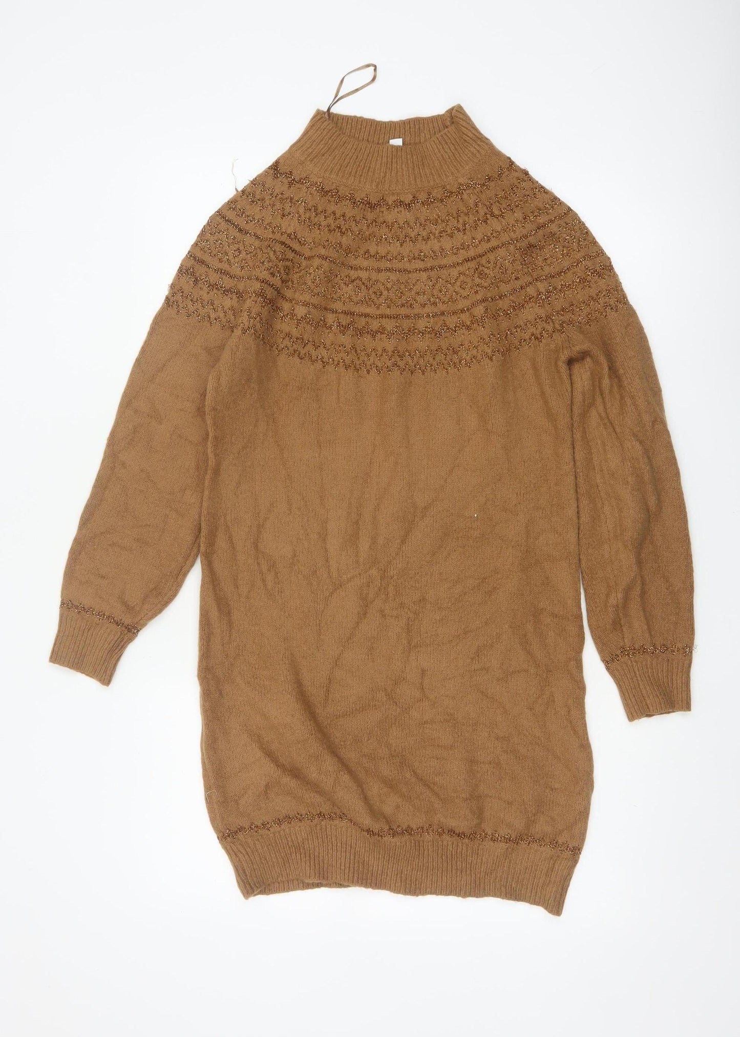M&Co Women Brown UK 8 Fair Isle Glitter High Neck Tunic Jumper