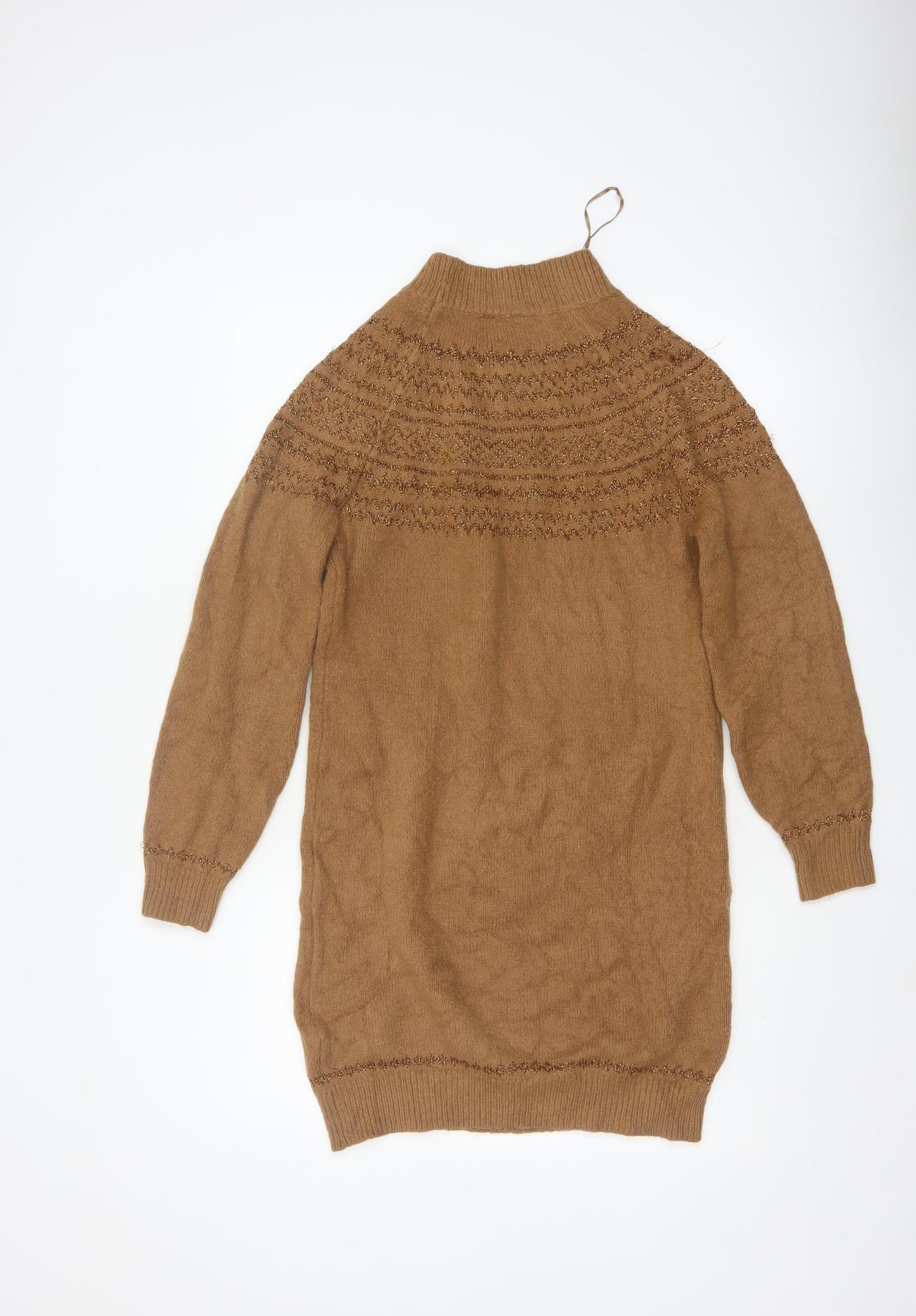M&Co Women Brown UK 8 Fair Isle Glitter High Neck Tunic Jumper