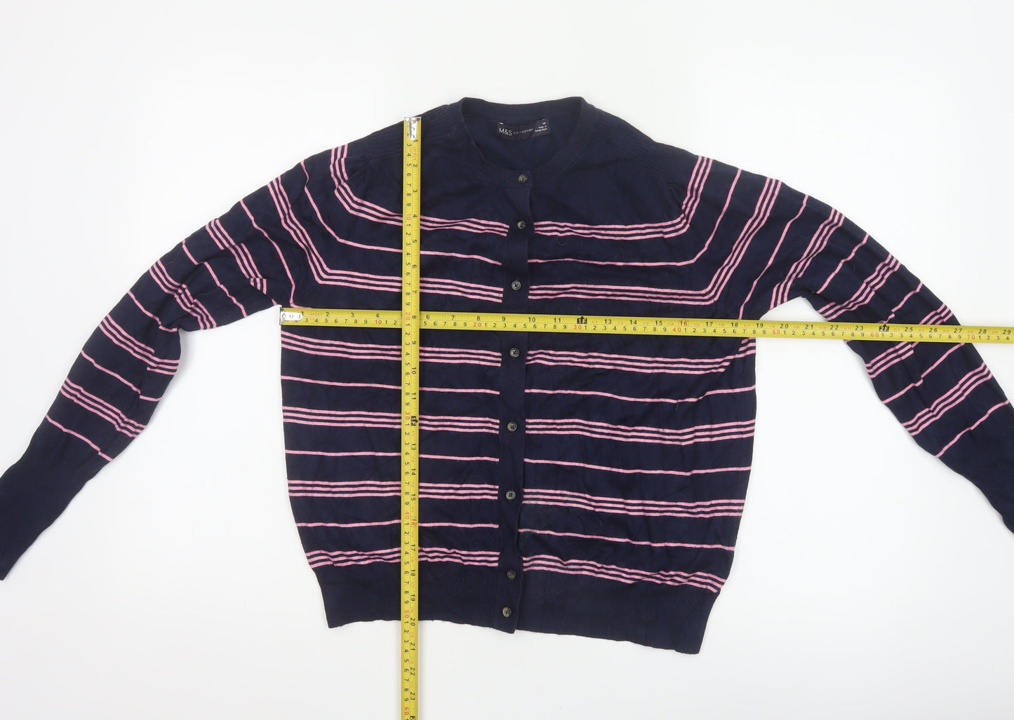 Marks and Spencer Women’s Blue Pink Striped Button Cardigan Size 14