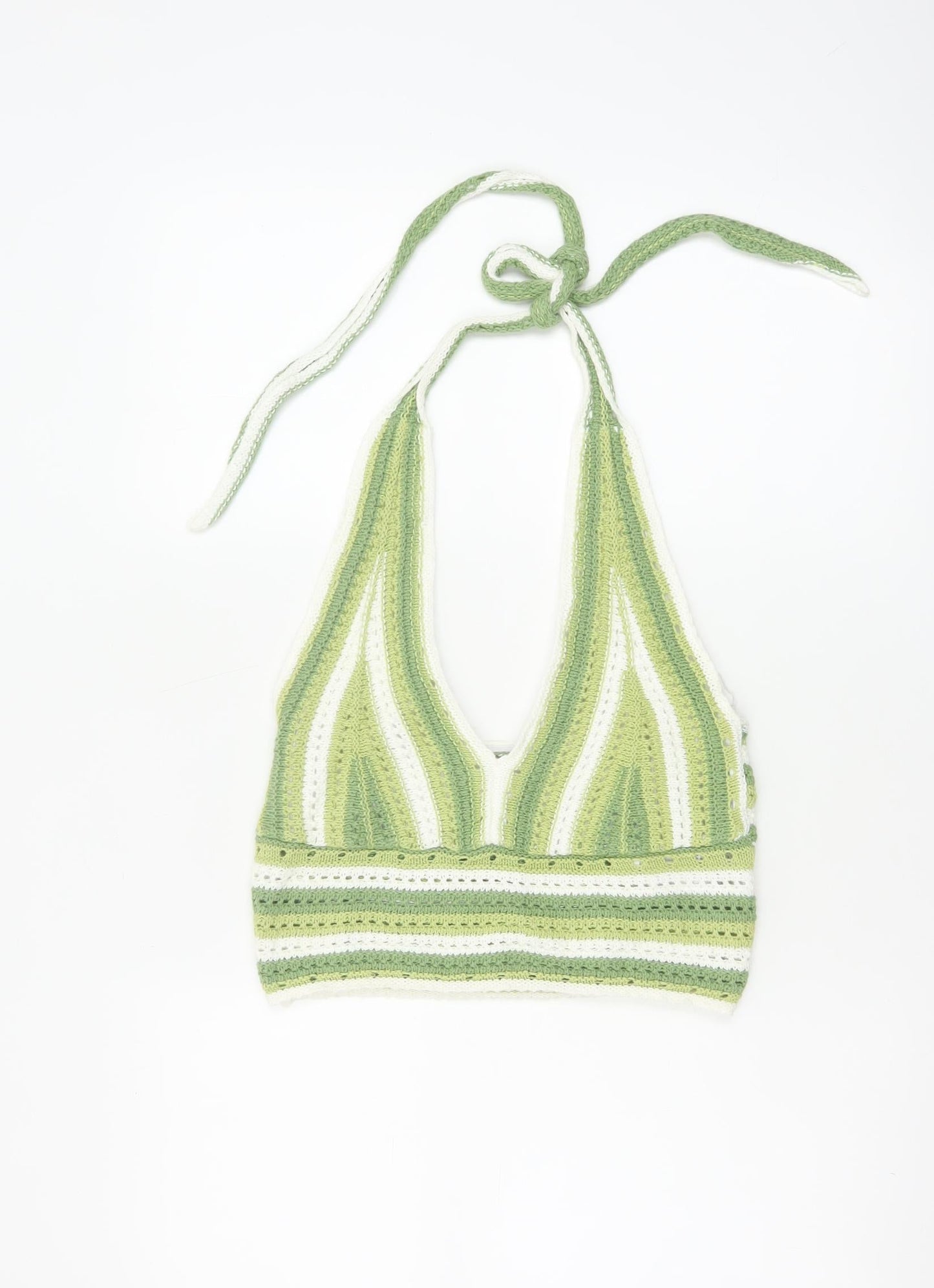 Hollister Women Green White Striped Crochet Halter Cropped Tank Top M