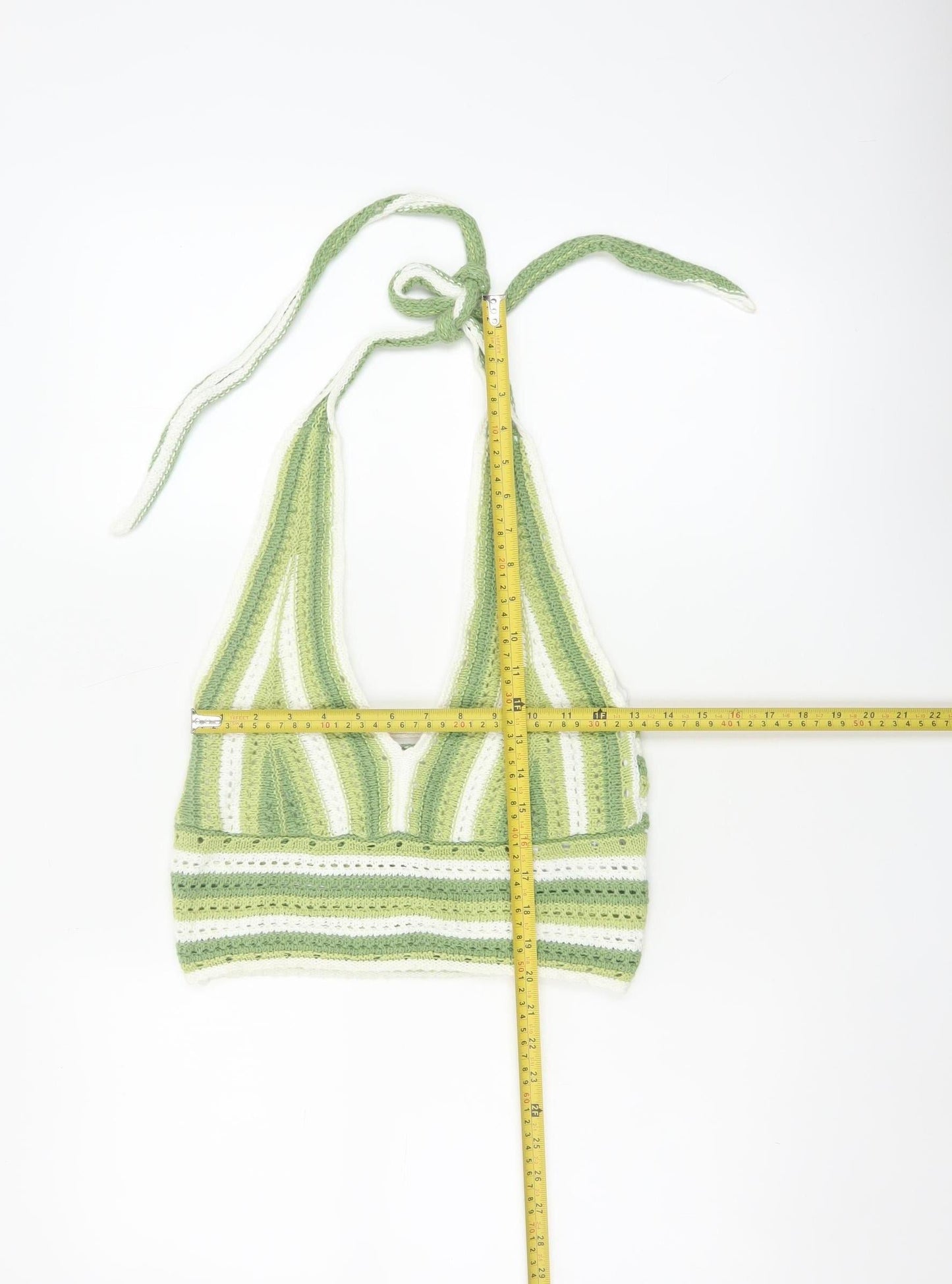 Hollister Women Green White Striped Crochet Halter Cropped Tank Top M