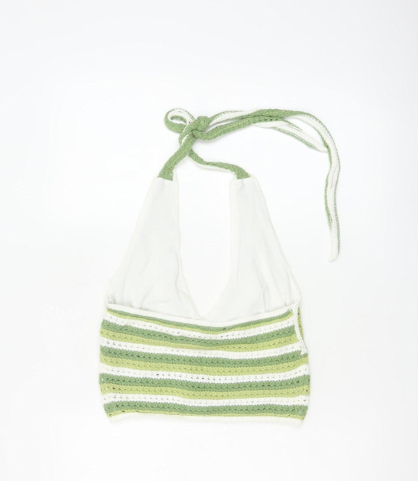 Hollister Women Green White Striped Crochet Halter Cropped Tank Top M