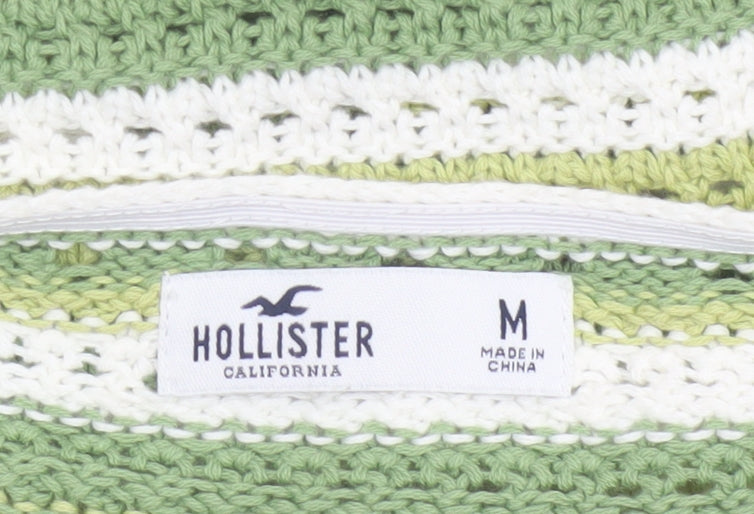 Hollister Women Green White Striped Crochet Halter Cropped Tank Top M